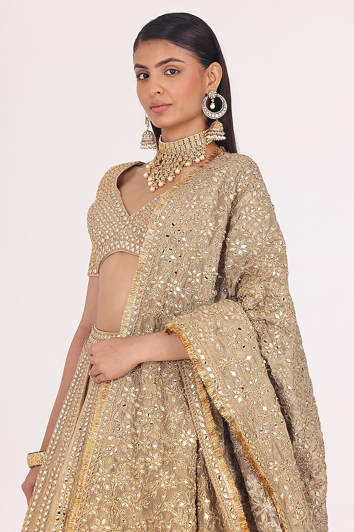 Golden Beige Tissue Mirror Work Bridal Lehenga Set by Abhinav Mishra at Pernia's Pop Up Shop