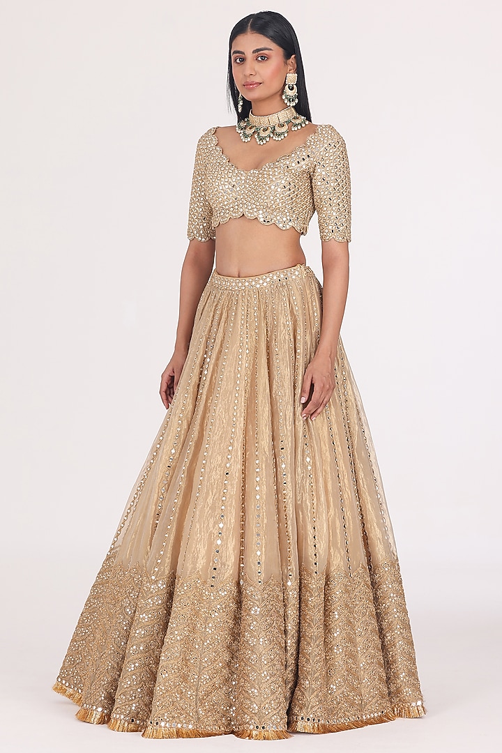 Golden Beige Tissue Mirror Embellished Bridal Lehenga Set by Abhinav Mishra at Pernia's Pop Up Shop
