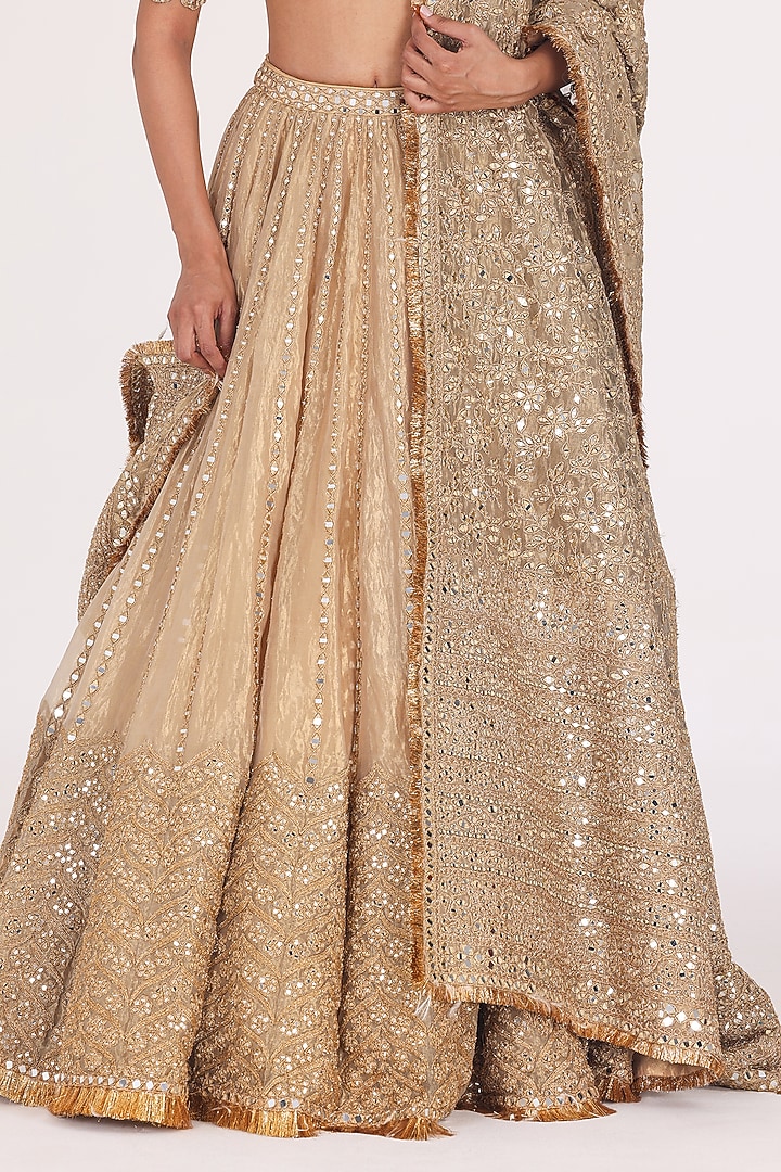 Golden Beige Tissue Mirror Embellished Bridal Lehenga Set by Abhinav Mishra at Pernia's Pop Up Shop