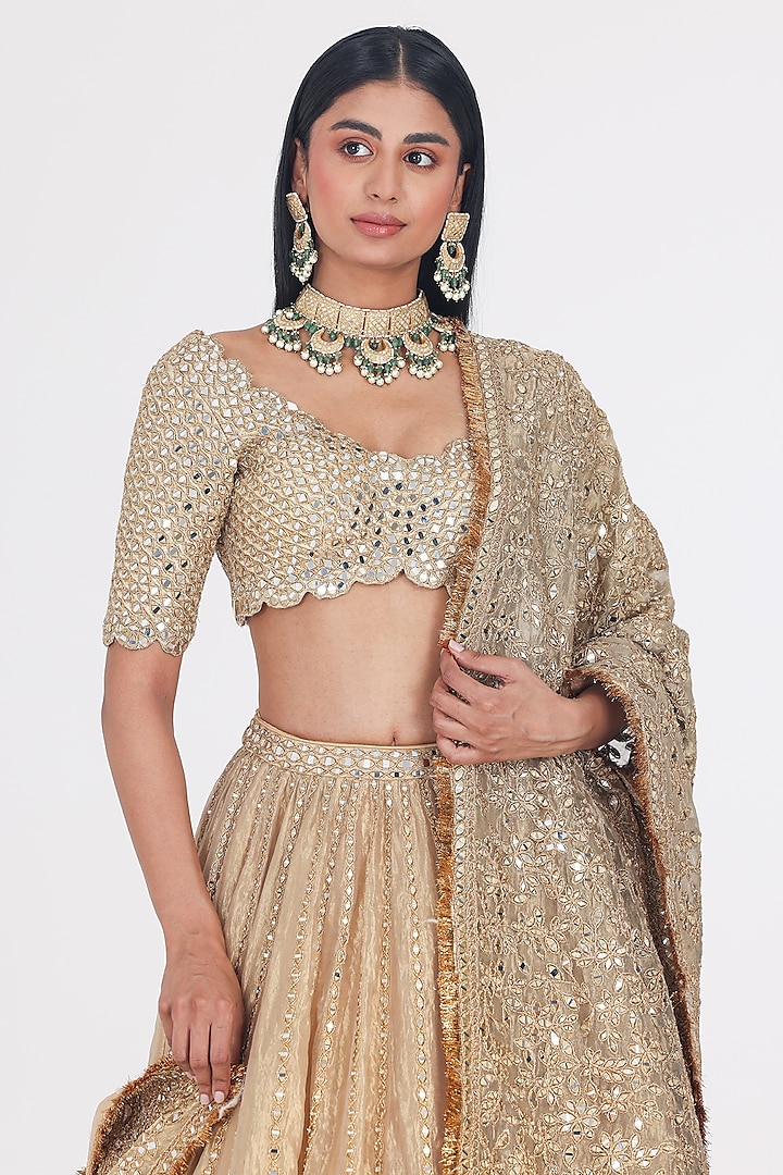 Golden Beige Tissue Mirror Embellished Bridal Lehenga Set by Abhinav Mishra at Pernia's Pop Up Shop