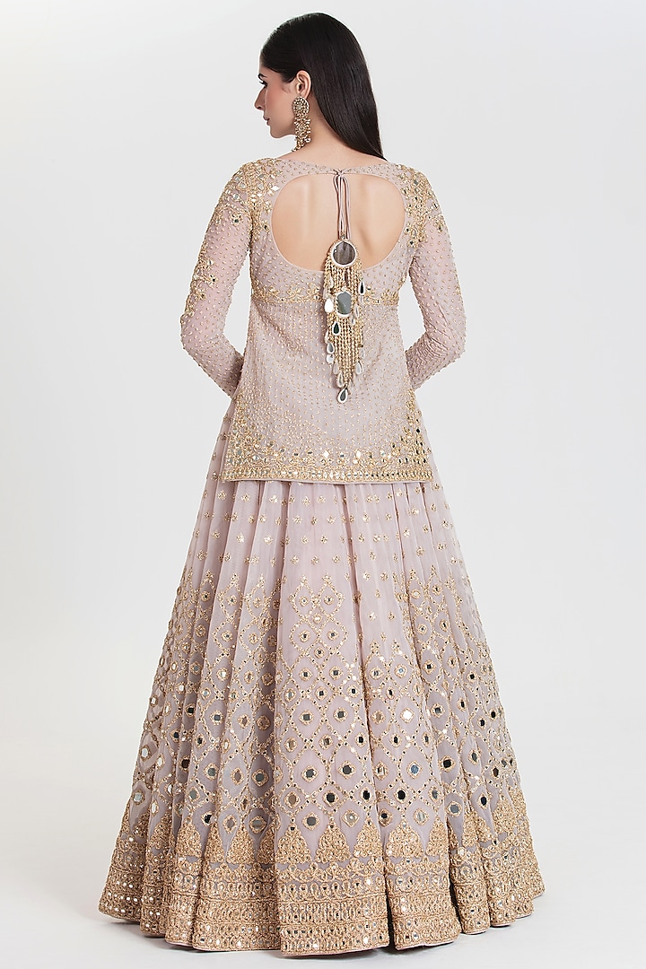 Antique Pink Net Mirror Embroidered Bridal Lehenga Set by Abhinav Mishra at Pernia's Pop Up Shop