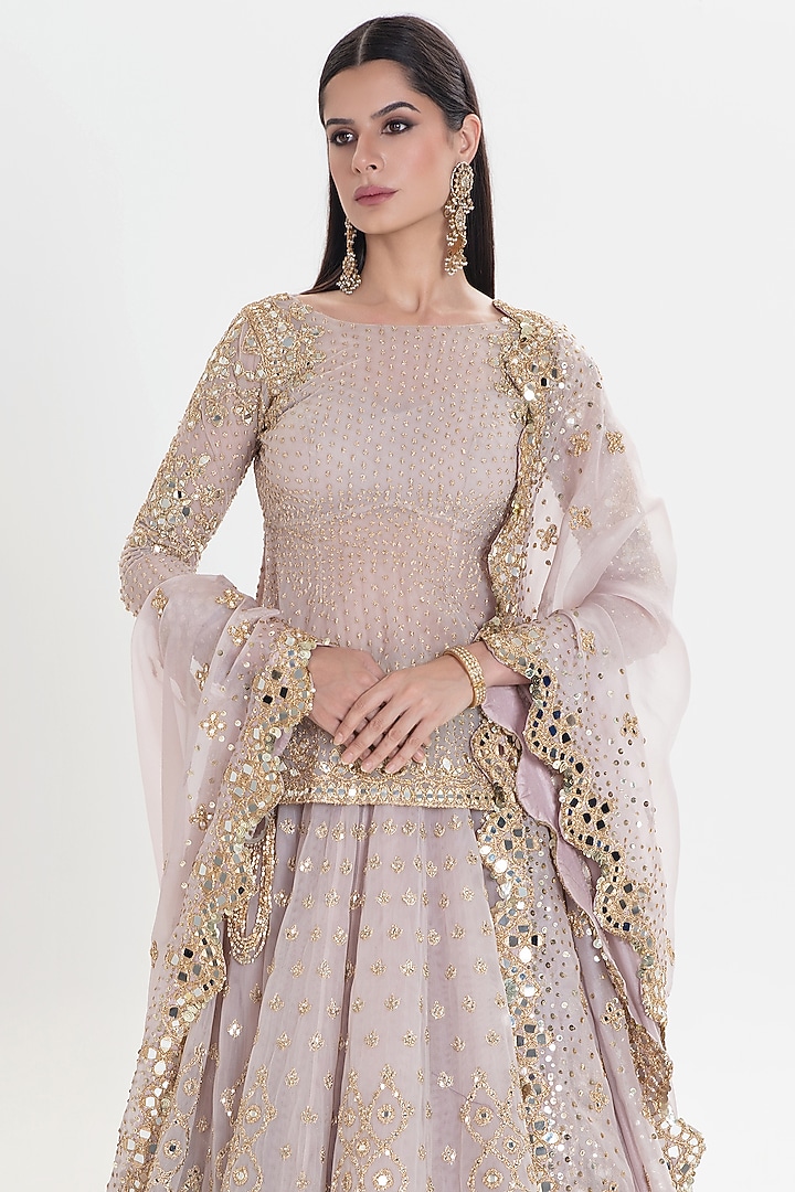 Antique Pink Net Mirror Embroidered Bridal Lehenga Set by Abhinav Mishra at Pernia's Pop Up Shop