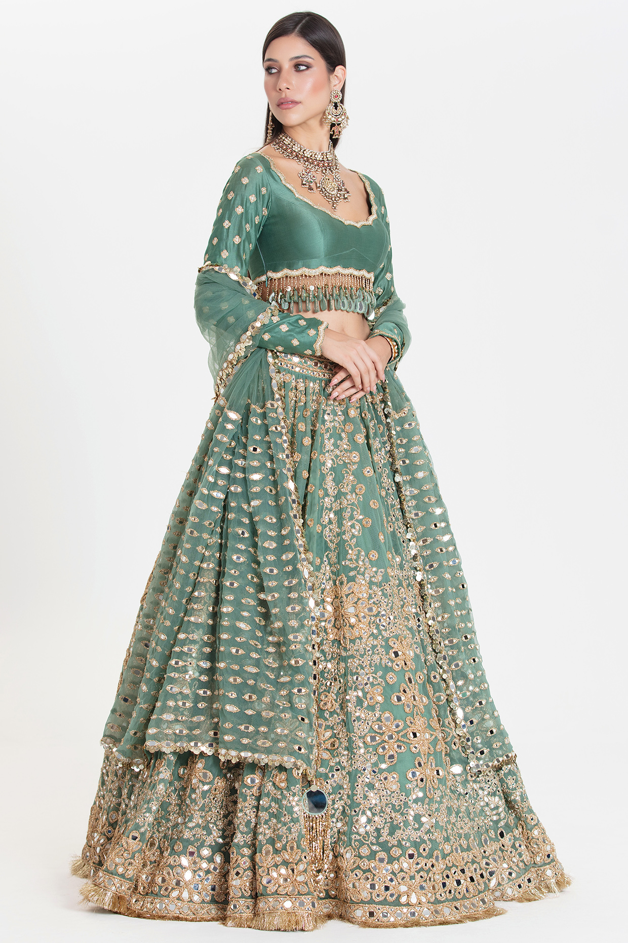 Sea Green Net Mirror Embroidered Bridal Lehenga Set by Abhinav Mishra at Pernia's Pop Up Shop