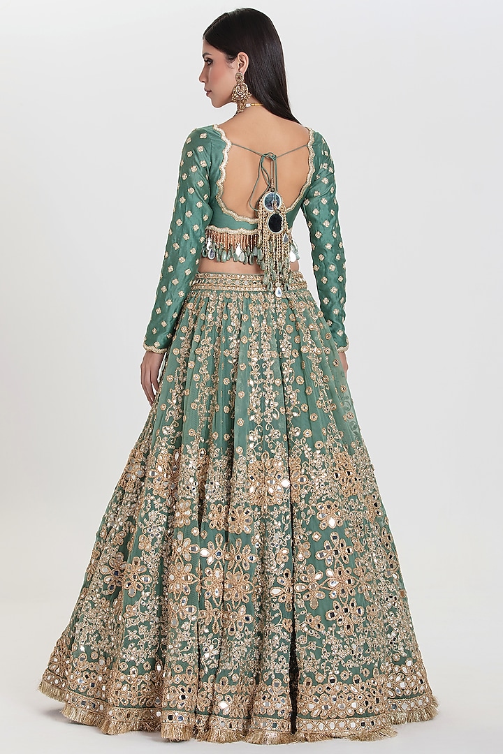 Sea Green Net Mirror Embroidered Bridal Lehenga Set by Abhinav Mishra at Pernia's Pop Up Shop