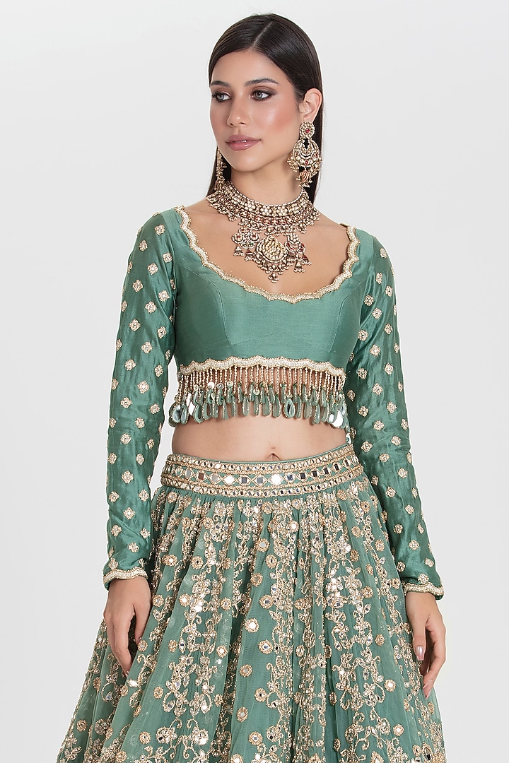 Sea Green Net Mirror Embroidered Bridal Lehenga Set by Abhinav Mishra at Pernia's Pop Up Shop