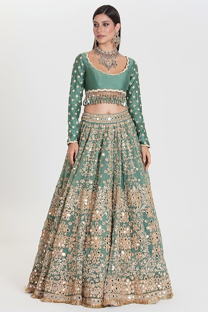 Sea Green Net Mirror Embroidered Bridal Lehenga Set by Abhinav Mishra at Pernia's Pop Up Shop