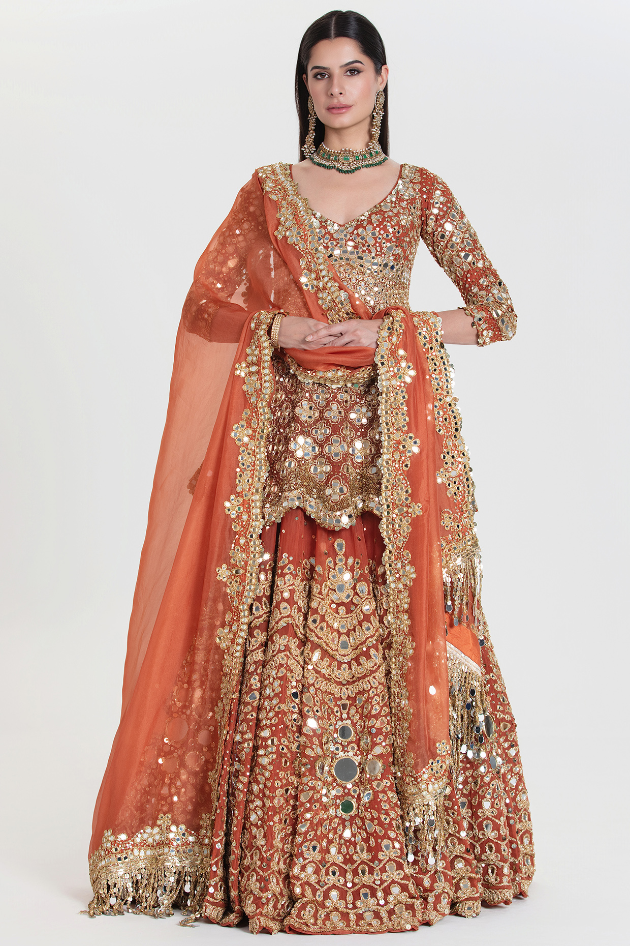 Rust Orange Net Mirror Embroidered Bridal Lehenga Set by Abhinav Mishra at Pernia's Pop Up Shop