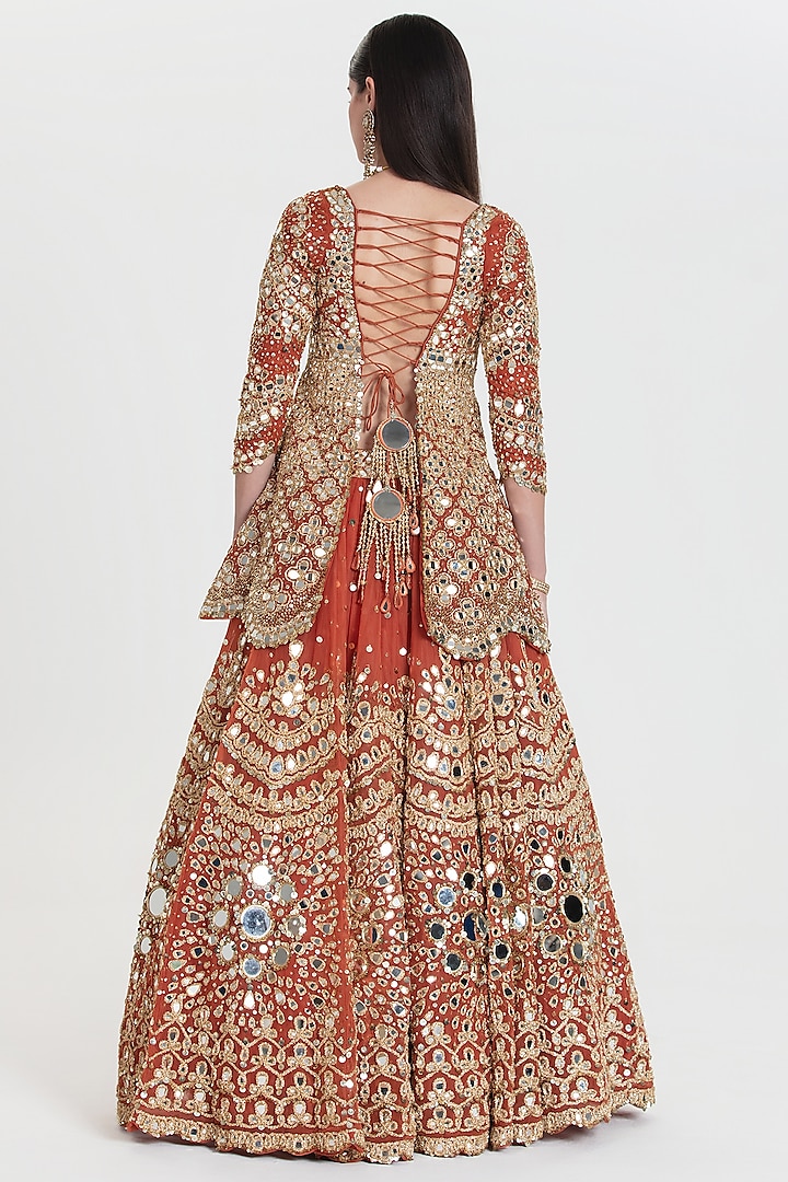 Rust Orange Net Mirror Embroidered Bridal Lehenga Set by Abhinav Mishra at Pernia's Pop Up Shop