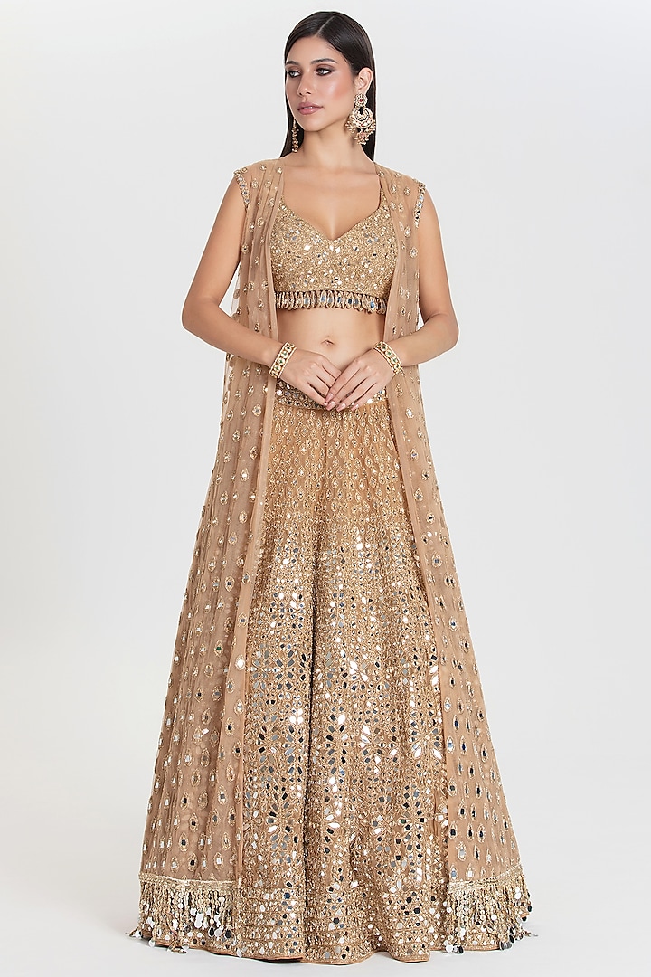 Gold Net Mirror Embroidered Bridal Lehenga Set by Abhinav Mishra at Pernia's Pop Up Shop