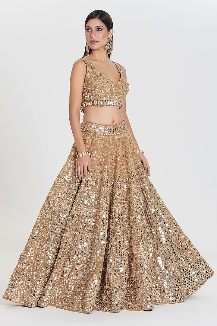 Gold Net Mirror Embroidered Bridal Lehenga Set by Abhinav Mishra at Pernia's Pop Up Shop