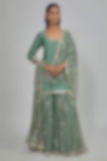 Jade Green Net Mirror Embroidered Bridal Sharara Set by Abhinav Mishra at Pernia's Pop Up Shop