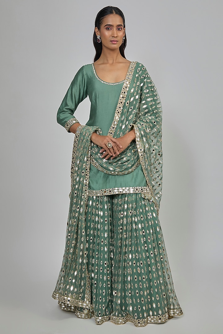 Jade Green Net Mirror Embroidered Bridal Sharara Set by Abhinav Mishra at Pernia's Pop Up Shop