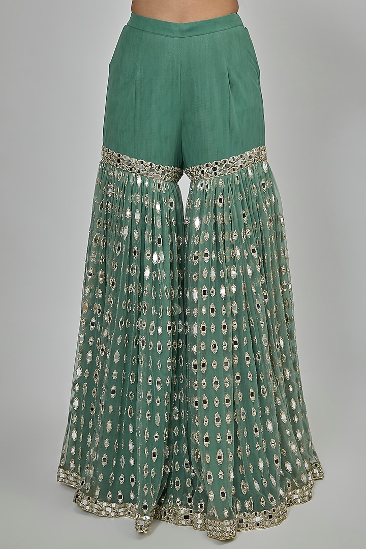 Jade Green Net Mirror Embroidered Bridal Sharara Set by Abhinav Mishra at Pernia's Pop Up Shop