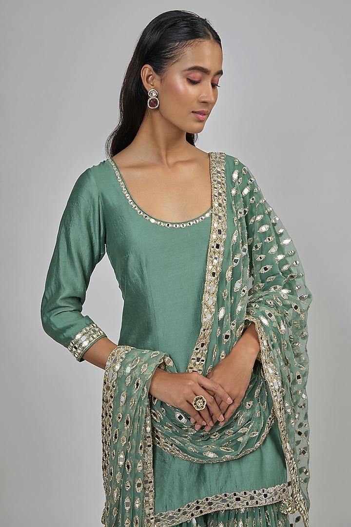 Jade Green Net Mirror Embroidered Bridal Sharara Set by Abhinav Mishra at Pernia's Pop Up Shop
