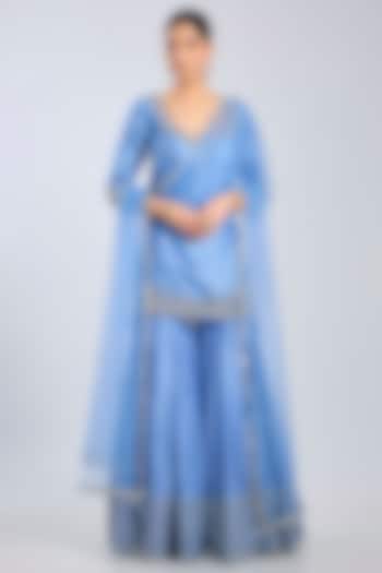 Metallic Blue Chanderi Bridal Sharara Set by Abhinav Mishra at Pernia's Pop Up Shop