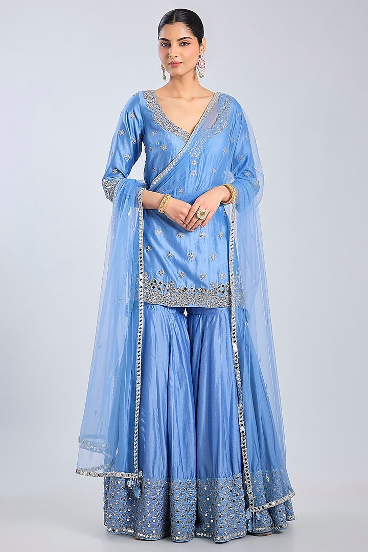 Metallic Blue Chanderi Bridal Sharara Set by Abhinav Mishra at Pernia's Pop Up Shop