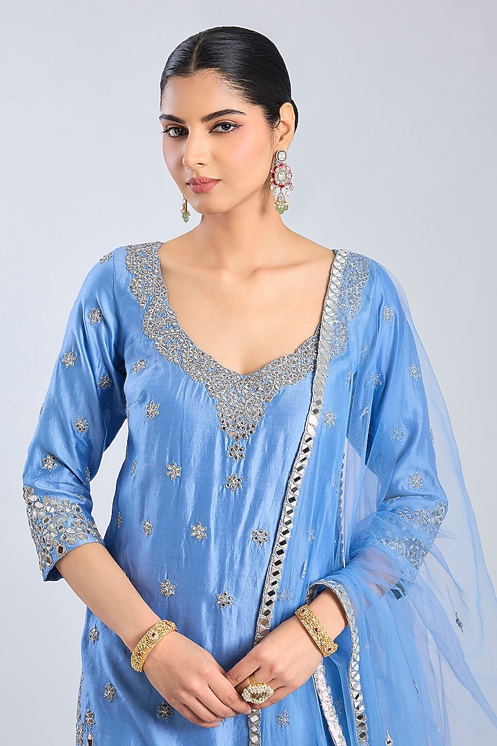 Metallic Blue Chanderi Bridal Sharara Set by Abhinav Mishra at Pernia's Pop Up Shop