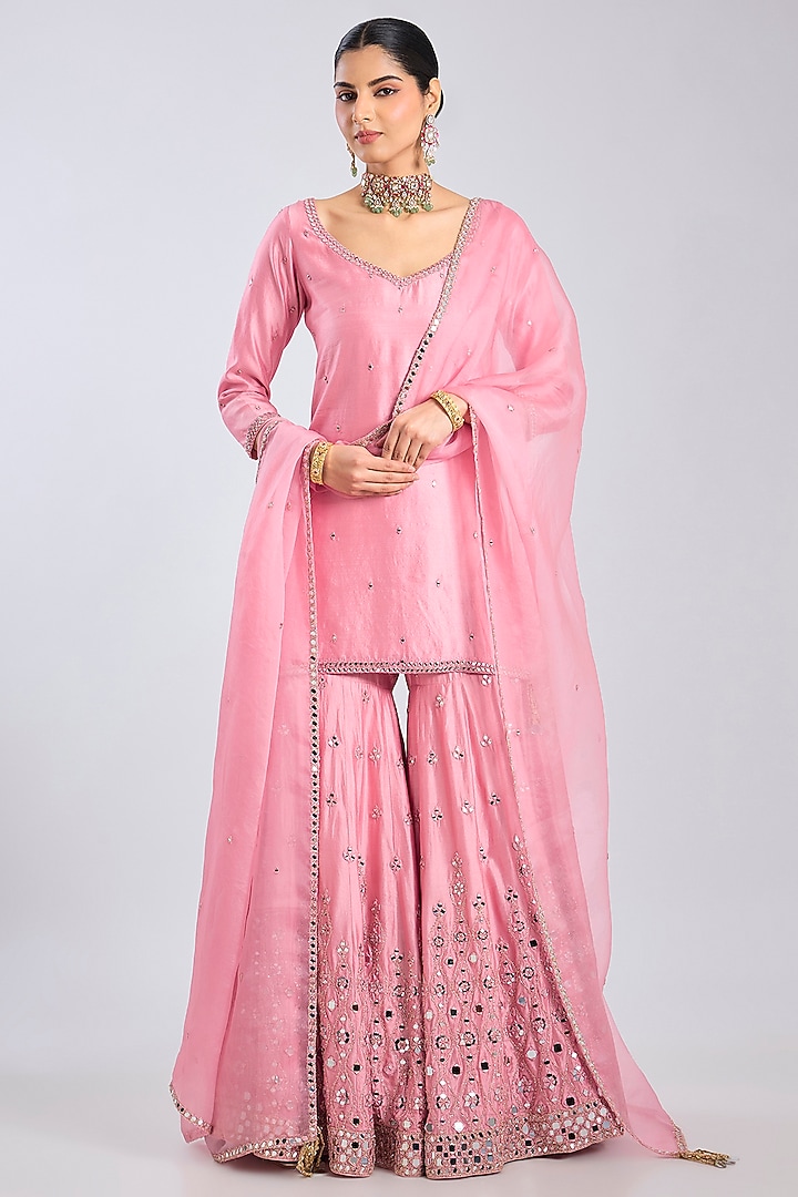 Petal Pink Chanderi Bridal Sharara Set by Abhinav Mishra at Pernia's Pop Up Shop