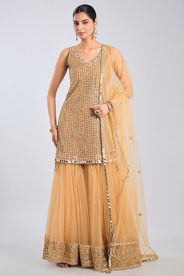 Beige Gold Chanderi Bridal Sharara Set by Abhinav Mishra at Pernia's Pop Up Shop