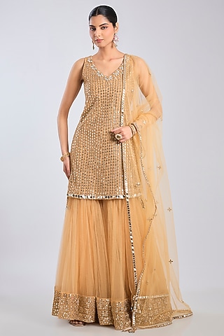 Beige Gold Chanderi Sharara Set by Abhinav Mishra