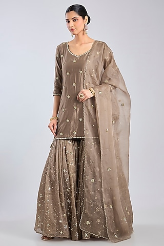 Mocha Brown Chanderi Sharara Set by Abhinav Mishra