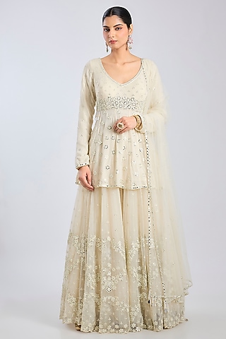 Ivory Net Sharara Set by Abhinav Mishra