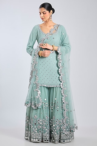 Stone Blue Net Sharara Set by abhinav mishra