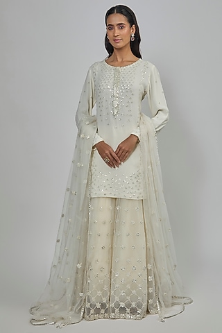 Ivory Marine Net Mirror Embroidered Sharara Set by Abhinav Mishra