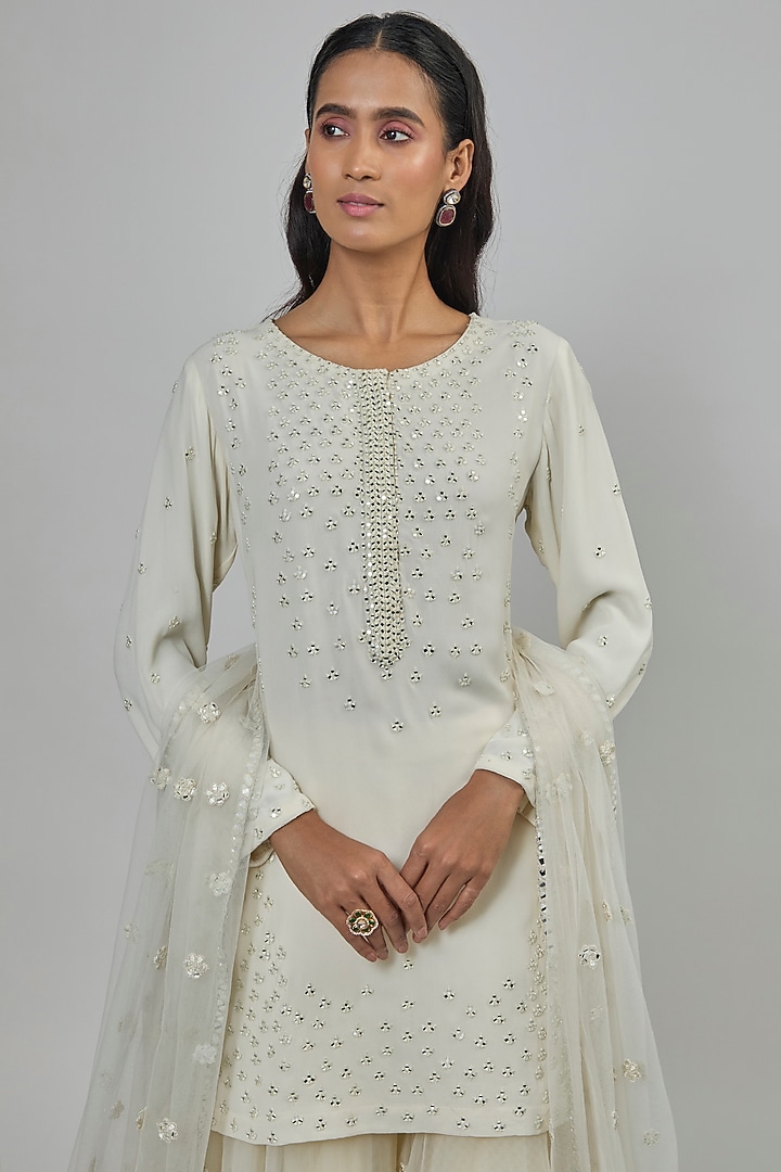 Ivory Marine Net Mirror Embroidered Bridal Sharara Set by Abhinav Mishra at Pernia's Pop Up Shop