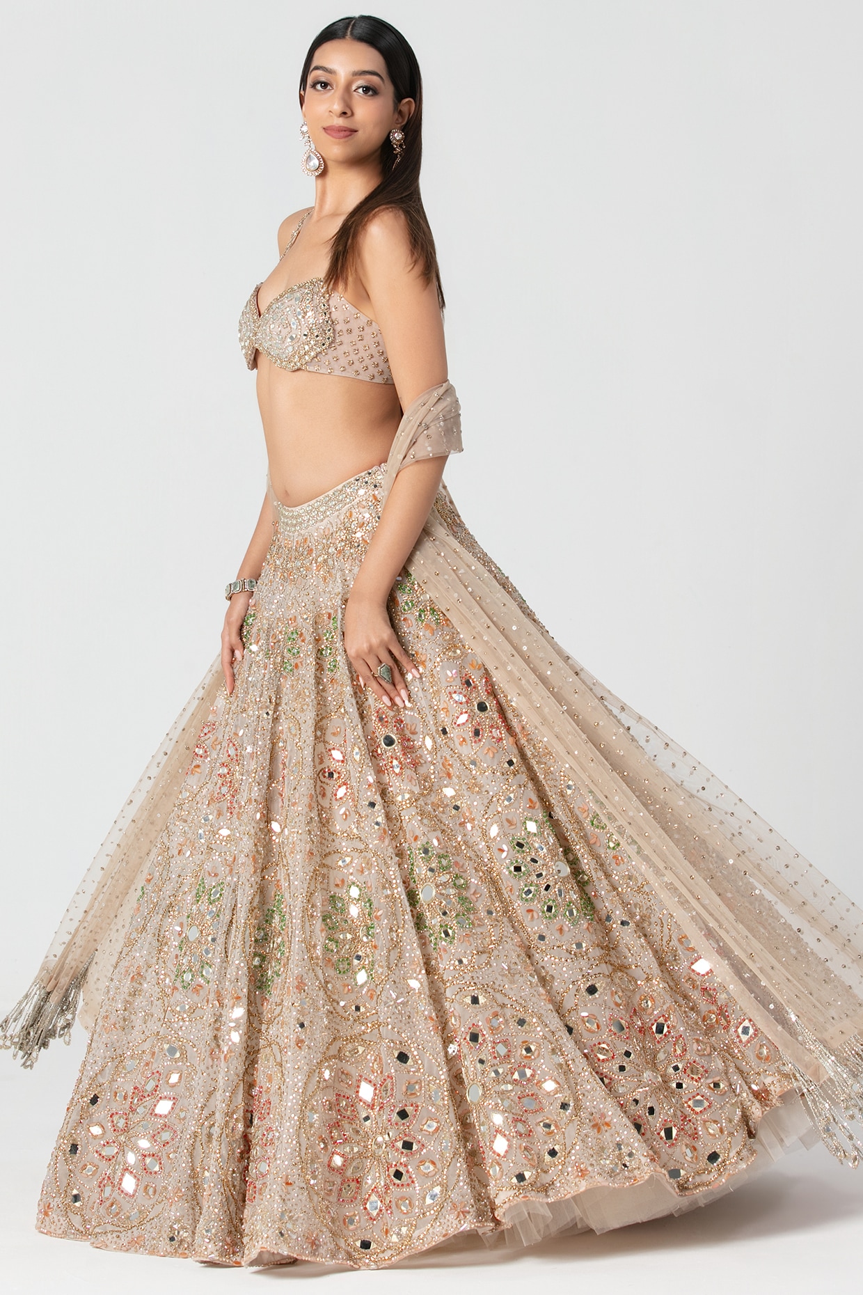 Abhinav Mishra Beige Net Mirror Work Lehenga Set