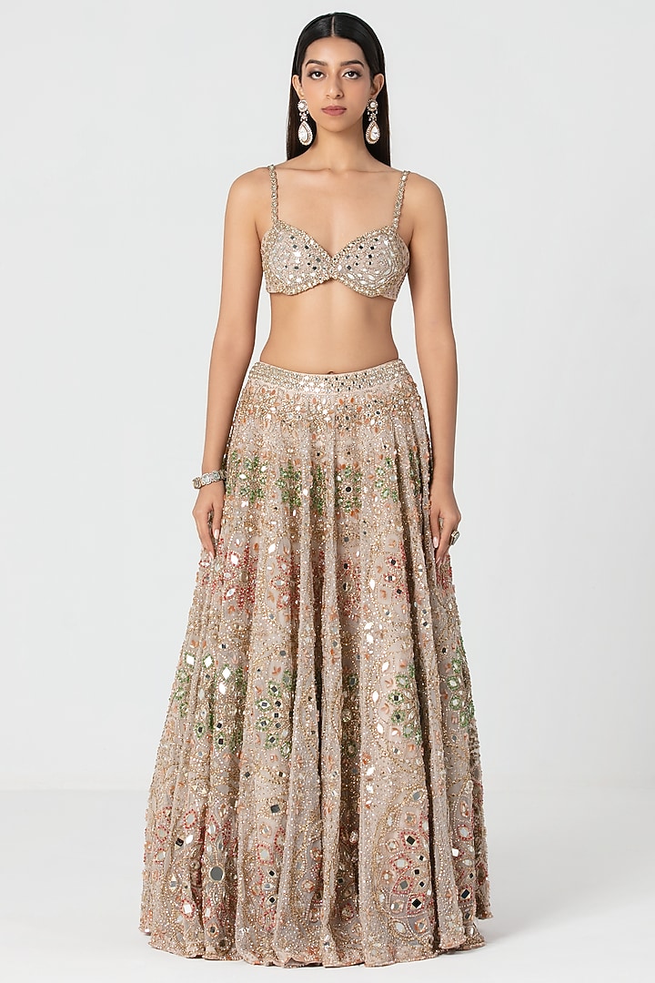 Beige Net Mirror Work Bridal Lehenga Set by Abhinav Mishra at Pernia's Pop Up Shop