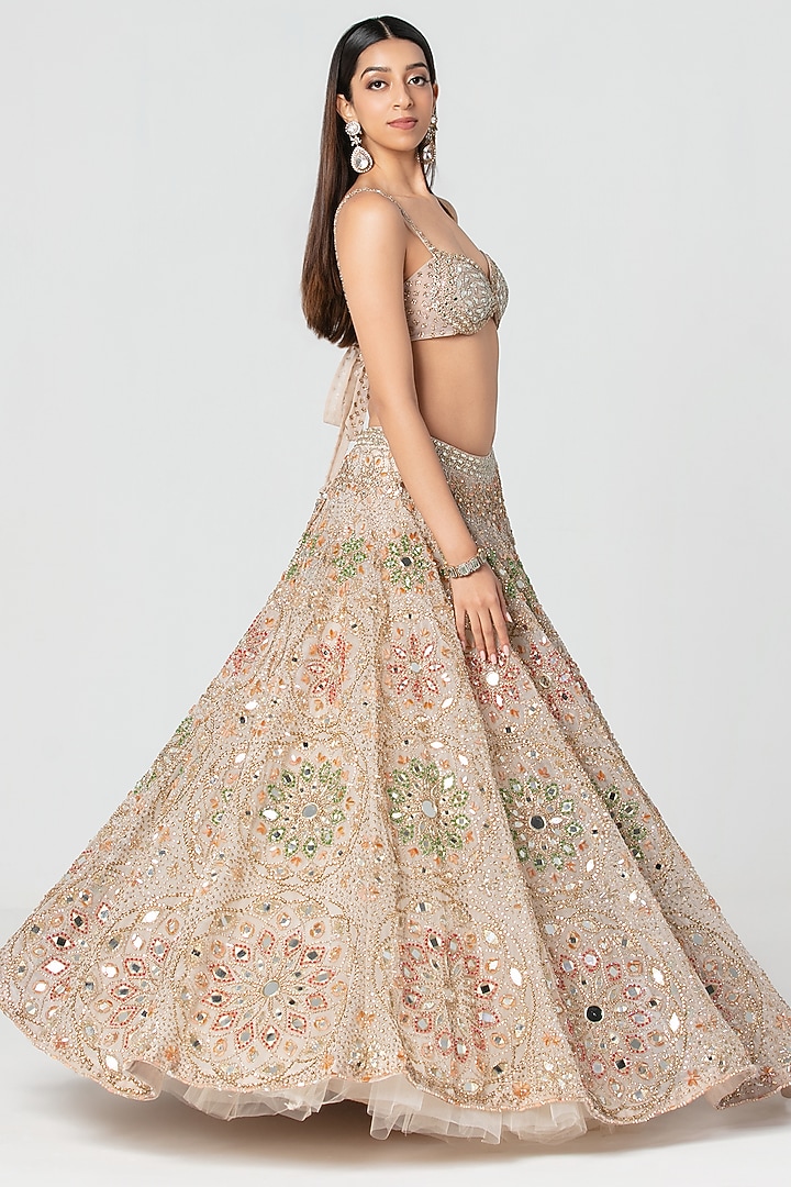 Beige Net Mirror Work Bridal Lehenga Set by Abhinav Mishra at Pernia's Pop Up Shop