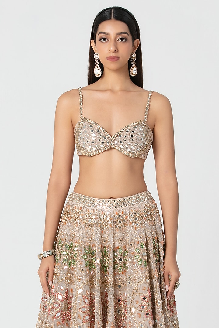Beige Net Mirror Work Bridal Lehenga Set by Abhinav Mishra at Pernia's Pop Up Shop