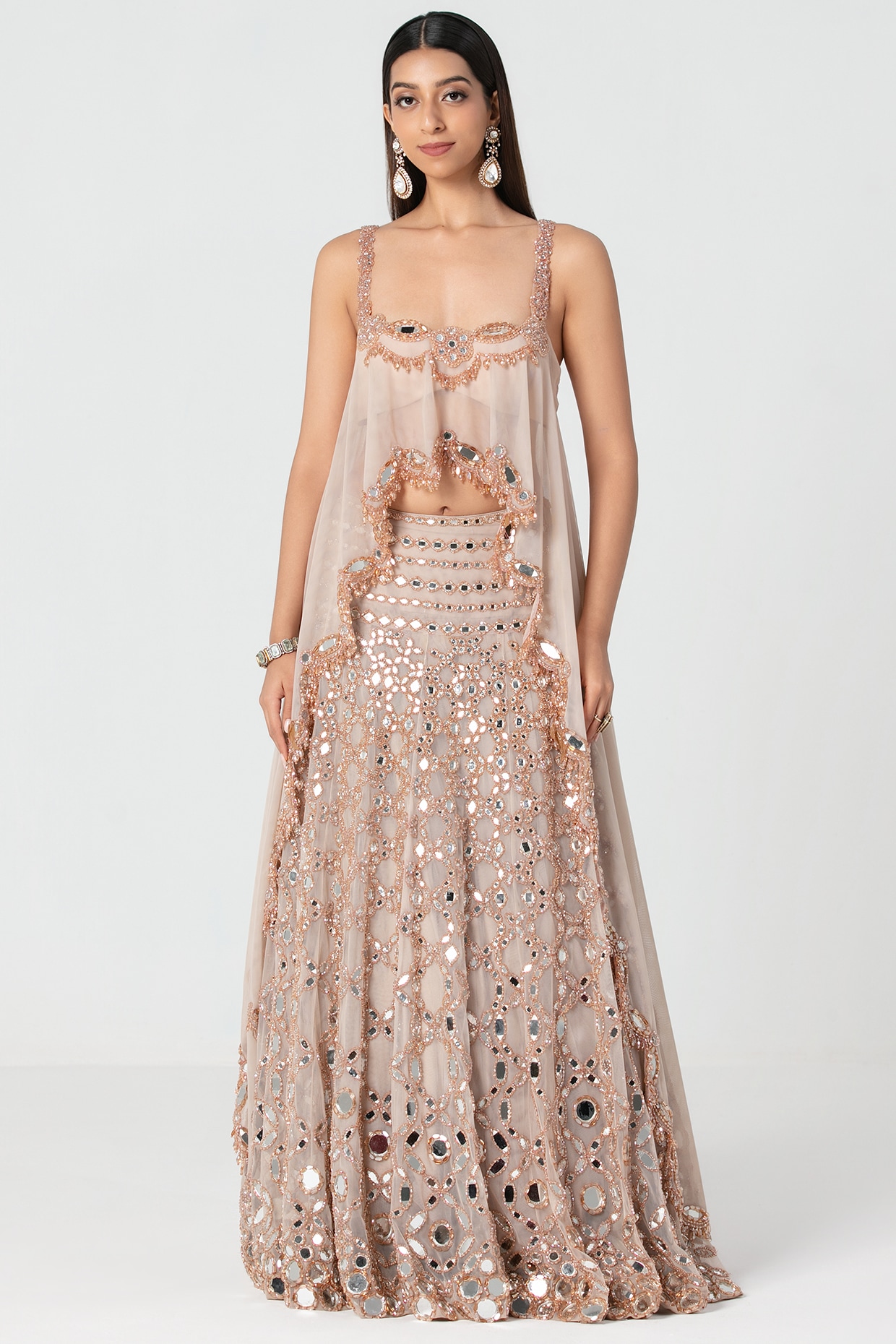 Abhinav Mishra Nude Pink Net Mirror & Crystal Work Lehenga Set