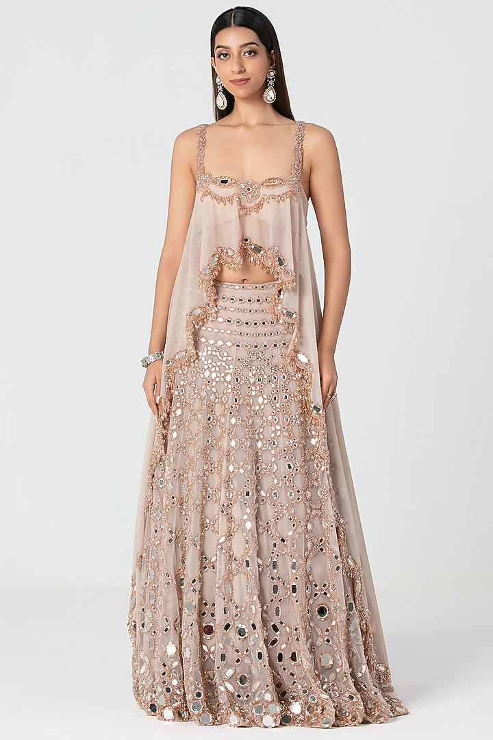 Nude Pink Net Mirror & Crystal Work Bridal Lehenga Set by Abhinav Mishra at Pernia's Pop Up Shop