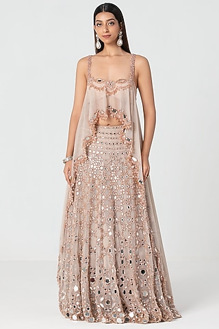 Nude Pink Net Mirror & Crystal Work Lehenga Set by Abhinav Mishra