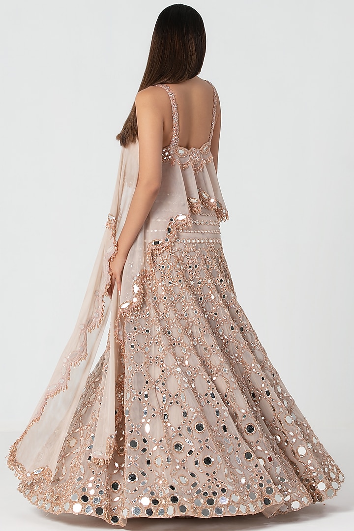 Nude Pink Net Mirror & Crystal Work Bridal Lehenga Set by Abhinav Mishra at Pernia's Pop Up Shop