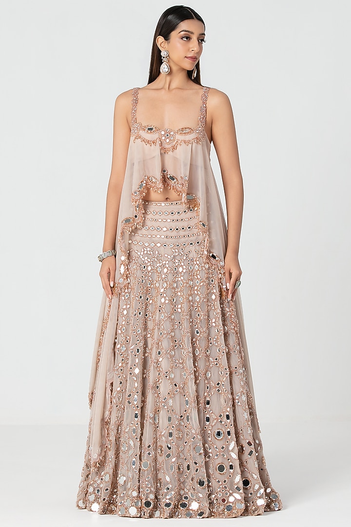 Nude Pink Net Mirror & Crystal Work Bridal Lehenga Set by Abhinav Mishra at Pernia's Pop Up Shop