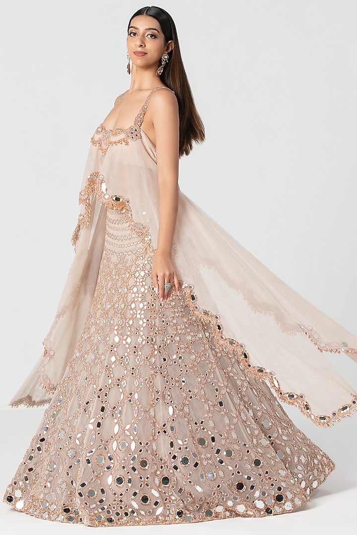 Nude Pink Net Mirror & Crystal Work Bridal Lehenga Set by Abhinav Mishra at Pernia's Pop Up Shop