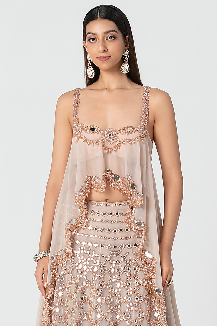 Nude Pink Net Mirror & Crystal Work Bridal Lehenga Set by Abhinav Mishra at Pernia's Pop Up Shop