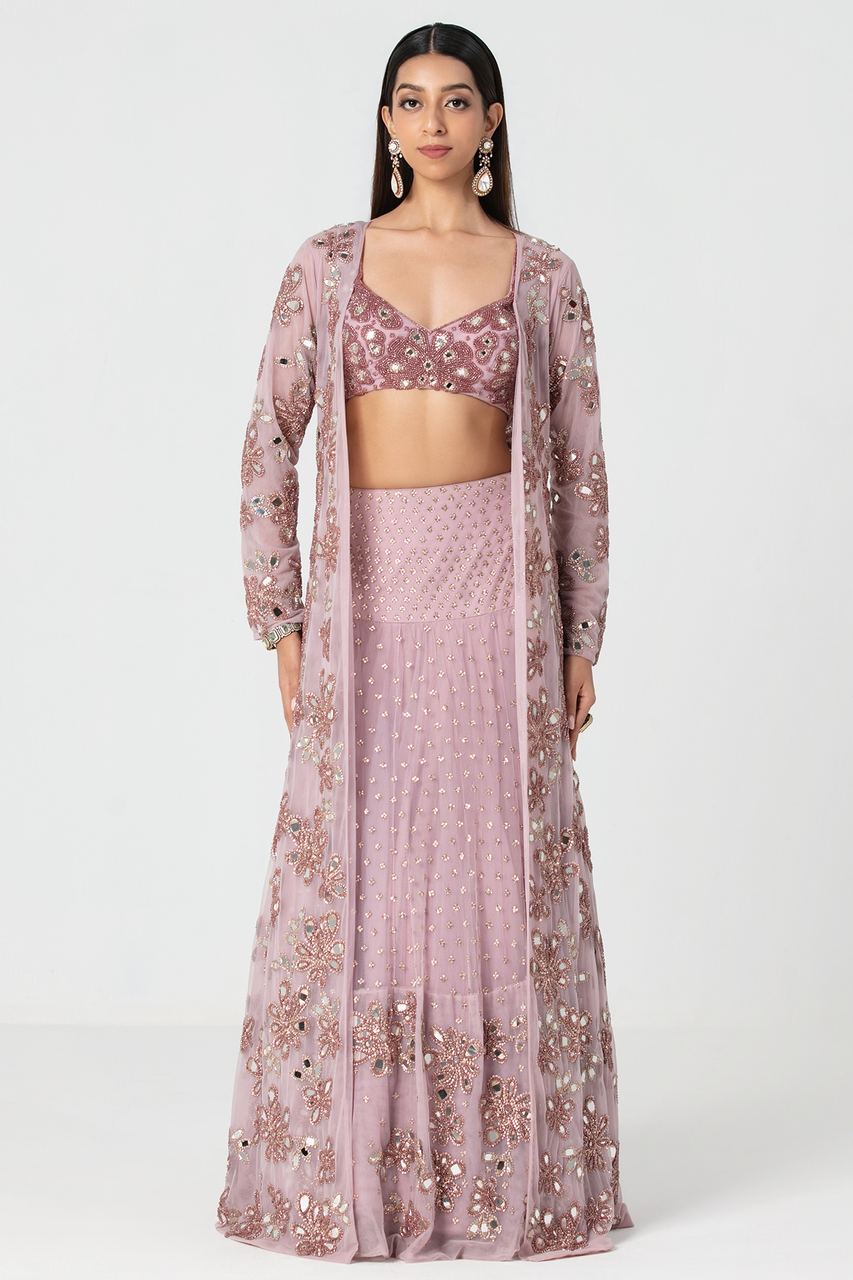 Abhinav Mishra Lavender Net Mirror & Crystal Work Jacket Lehenga Set