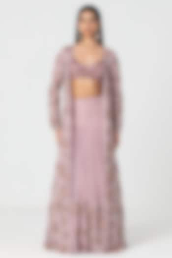 Lavender Net Mirror & Crystal Work Jacket Bridal Lehenga Set by Abhinav Mishra at Pernia's Pop Up Shop