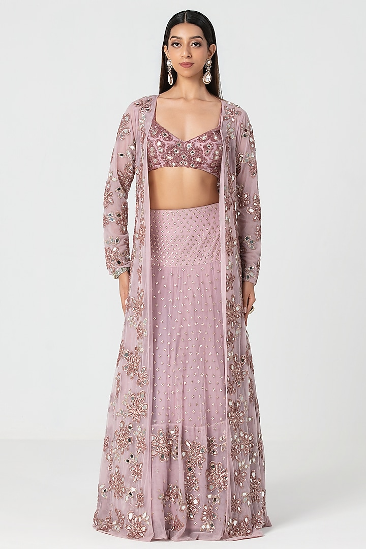 Lavender Net Mirror & Crystal Work Jacket Bridal Lehenga Set by Abhinav Mishra at Pernia's Pop Up Shop