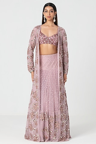 Lavender Net Mirror & Crystal Work Jacket Lehenga Set by Abhinav Mishra