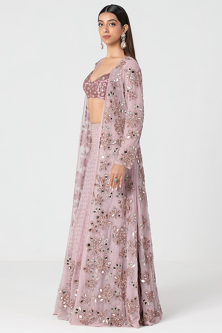 Lavender Net Mirror & Crystal Work Jacket Bridal Lehenga Set by Abhinav Mishra at Pernia's Pop Up Shop