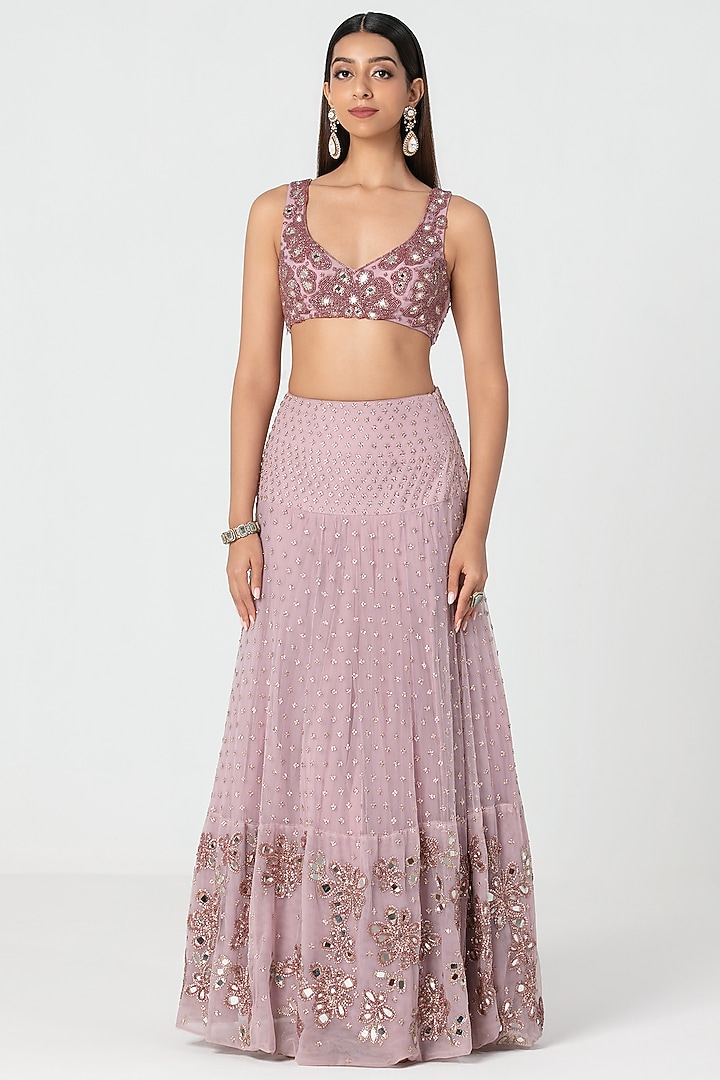 Lavender Net Mirror & Crystal Work Jacket Bridal Lehenga Set by Abhinav Mishra at Pernia's Pop Up Shop