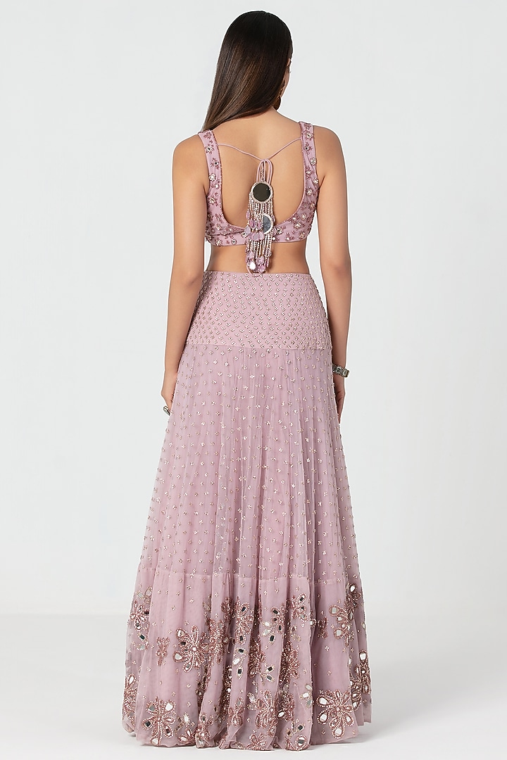 Lavender Net Mirror & Crystal Work Jacket Bridal Lehenga Set by Abhinav Mishra at Pernia's Pop Up Shop