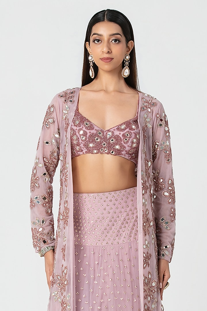 Lavender Net Mirror & Crystal Work Jacket Bridal Lehenga Set by Abhinav Mishra at Pernia's Pop Up Shop