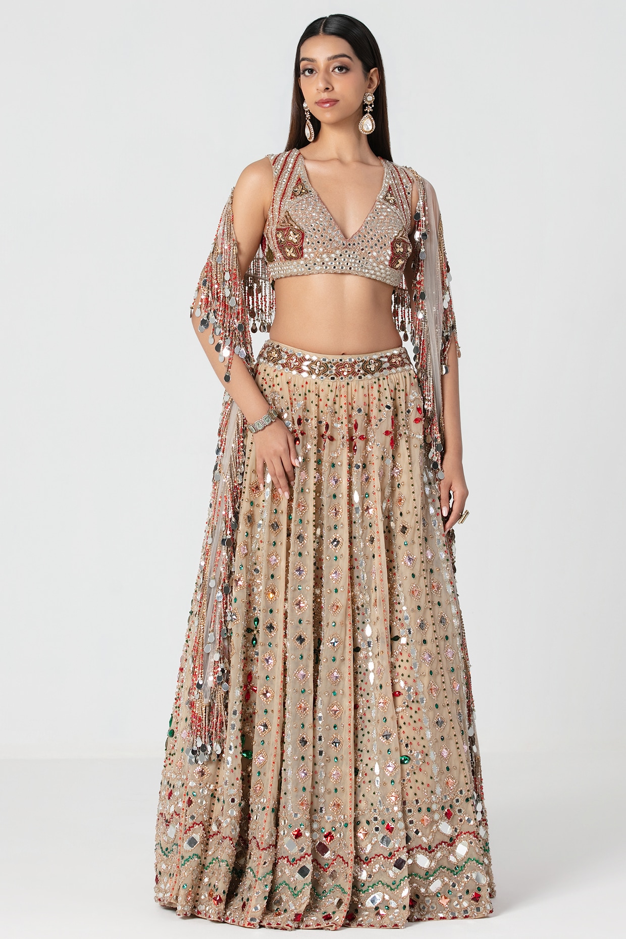 Abhinav Mishra Beige Net Mirror & Crystal Work Jacket Lehenga Set