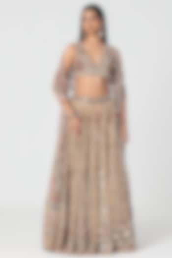 Beige Net Mirror & Crystal Work Jacket Bridal Lehenga Set by Abhinav Mishra at Pernia's Pop Up Shop